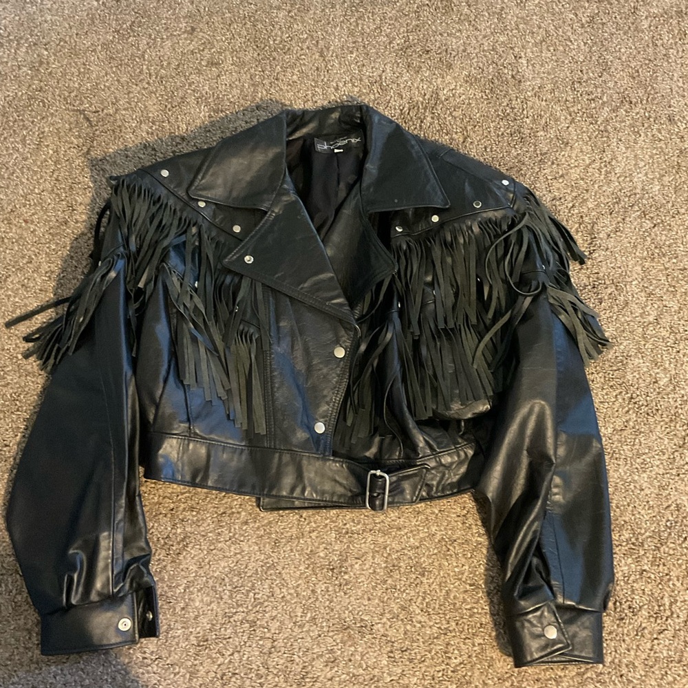 Vintage 80’s Phoenix Crop Fringe Black Leather Jacket M